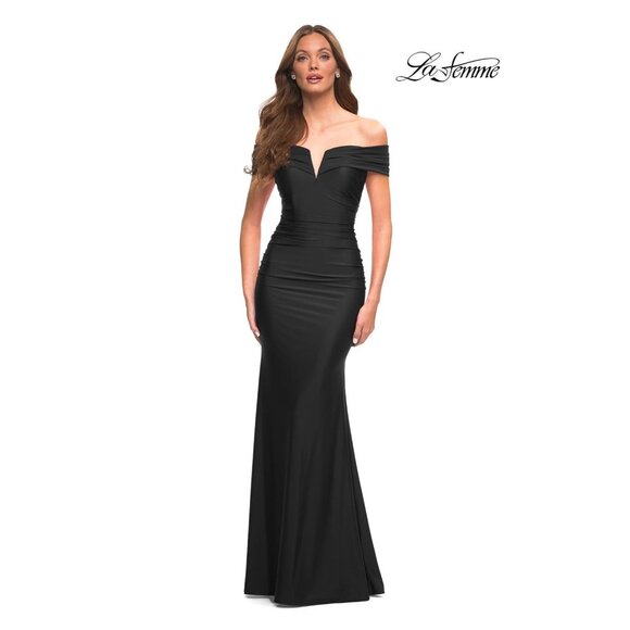 La Femme 30582 Evening Dress 16 Gown Off Shoulder Black Ruched Formal Gala $398 - Picture 1 of 12